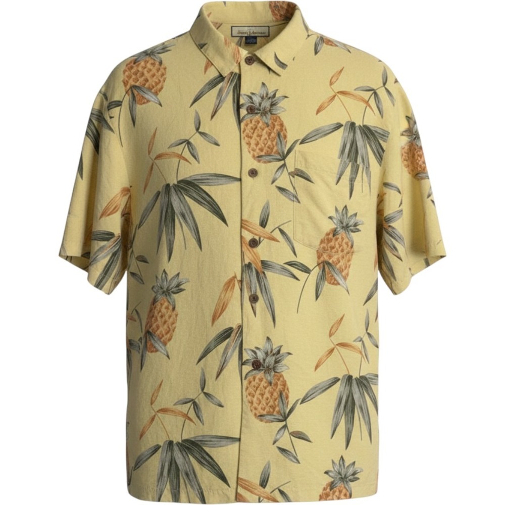Tommy Bahama Button Down Shirt Mens L Yellow Silk Pineapple Bamboo Aloha Camp